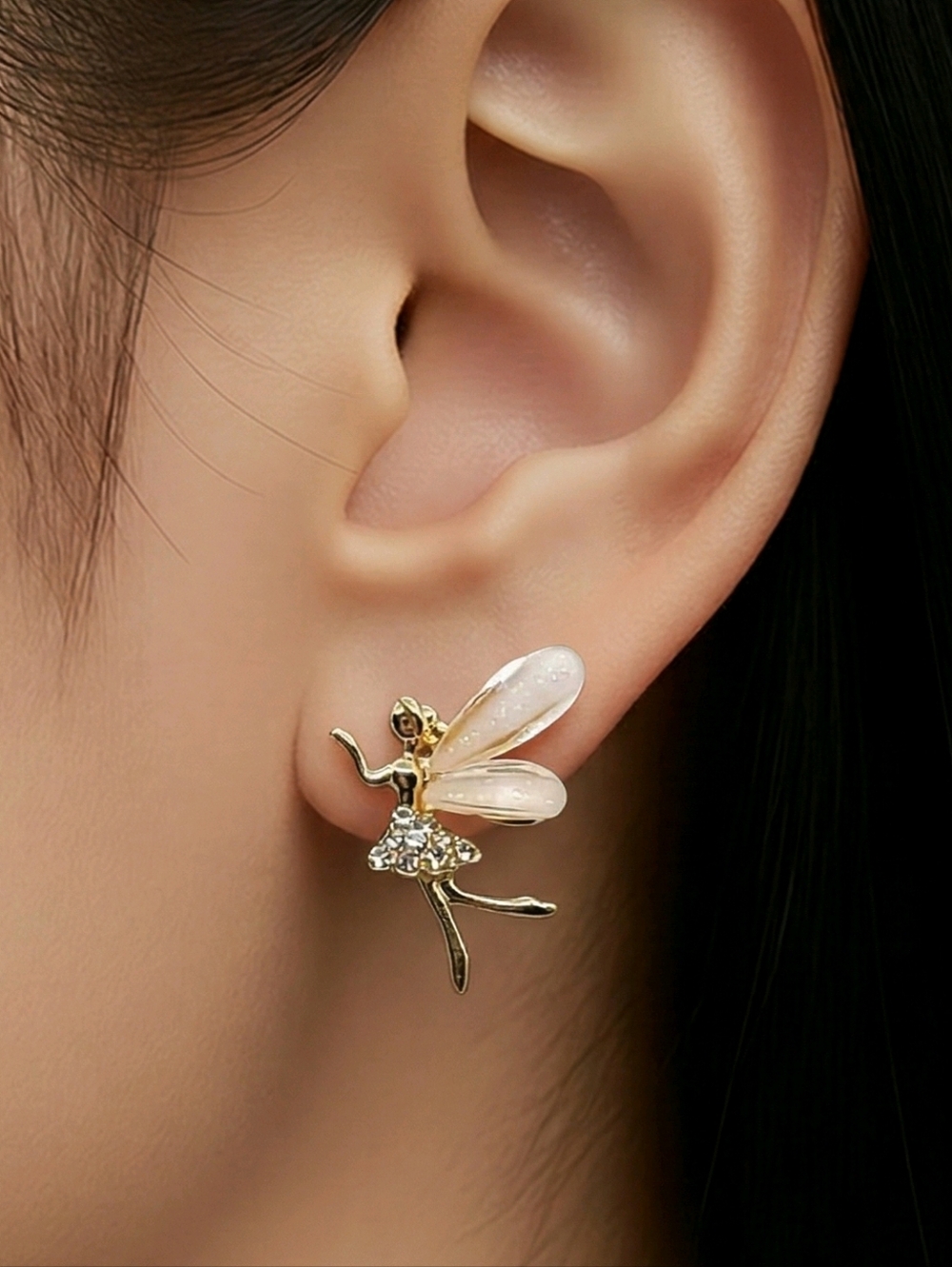 Fairy Wing Stud Earrings Gold Rhinestone Pixie Elf Fairycore Fantasy Whimsy Gift